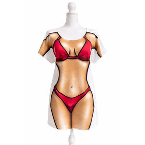 Vintage Novelty Red Bikini Body Print T Shirt Dress Funny Beach Cover Up Tunic